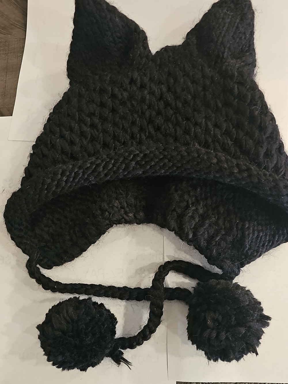 Kids Black Knit Cat Ear Pom Pom Hat